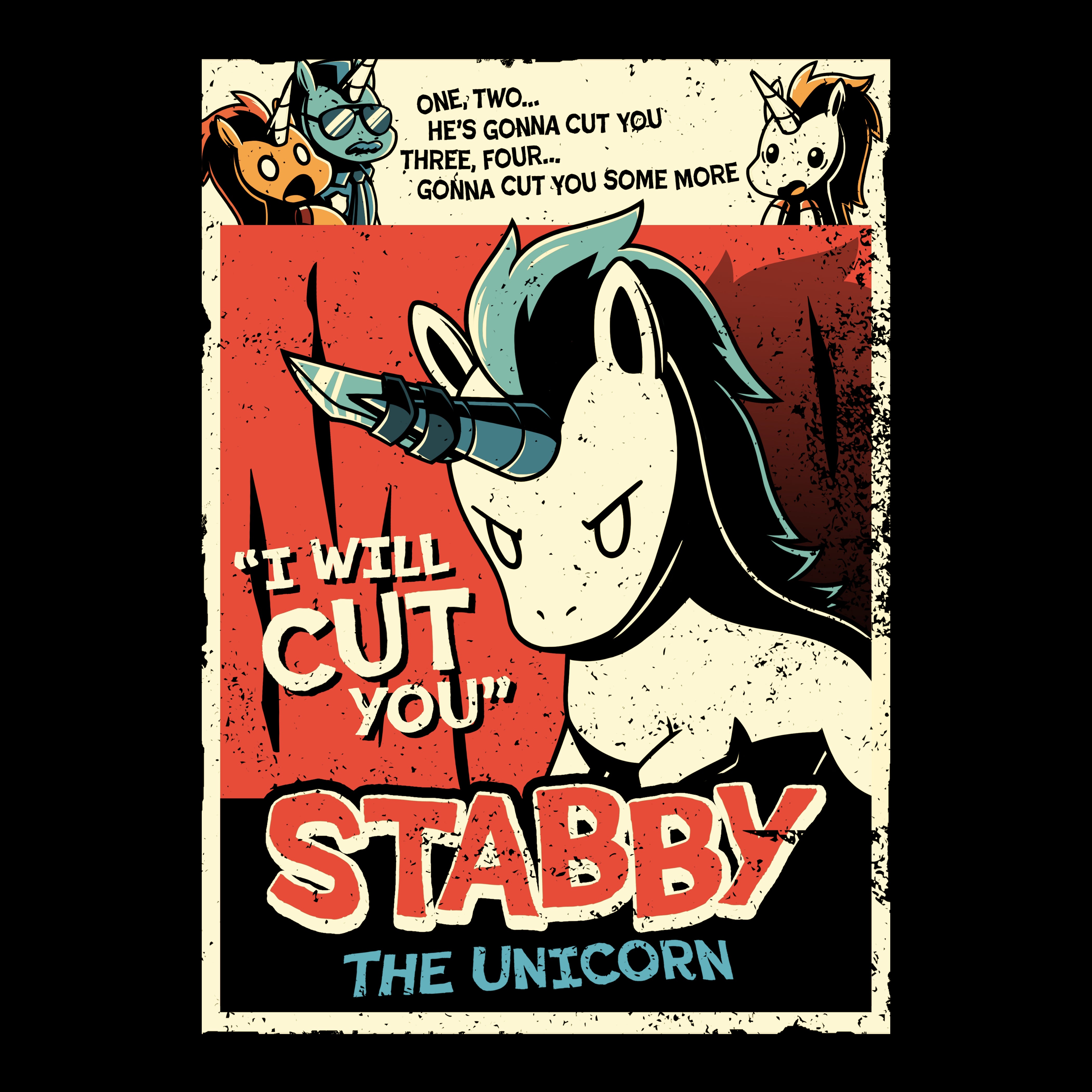 Premium Cotton T-shirt_TeeTurtle Slasher Stabby black t-shirt featuring a comic book cover of Stabby the Unicorn, who is shown with a serious expression and a saw-blade attached to their horn with dark humor dialogue that says, 