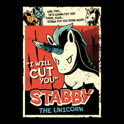 A black Slasher Stabby t-shirt featuring the TeeTurtle "Stabby the Unicorn" design.