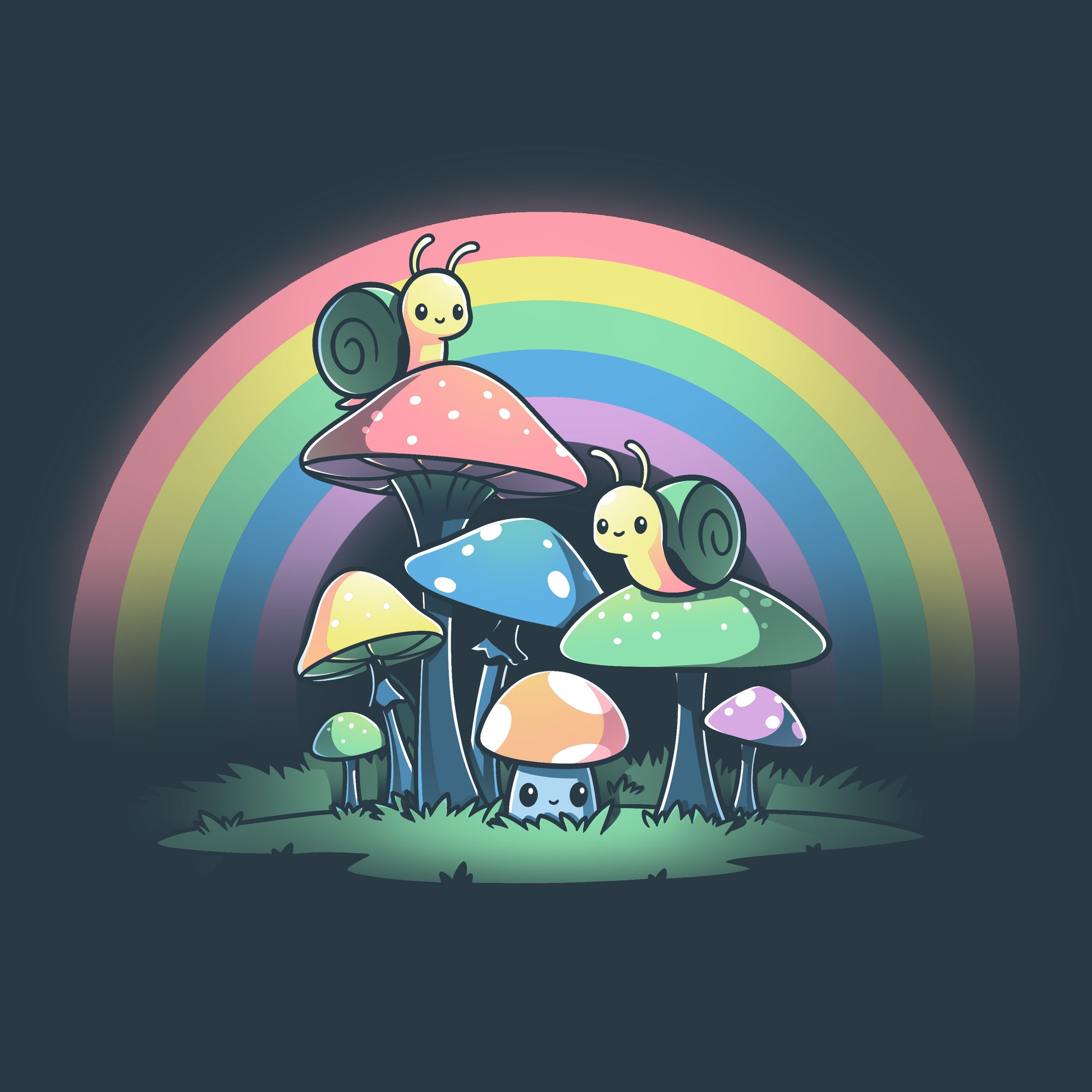 A cartoon Snails and Mushrooms with a rainbow in the background featuring TeeTurtle merchandise.