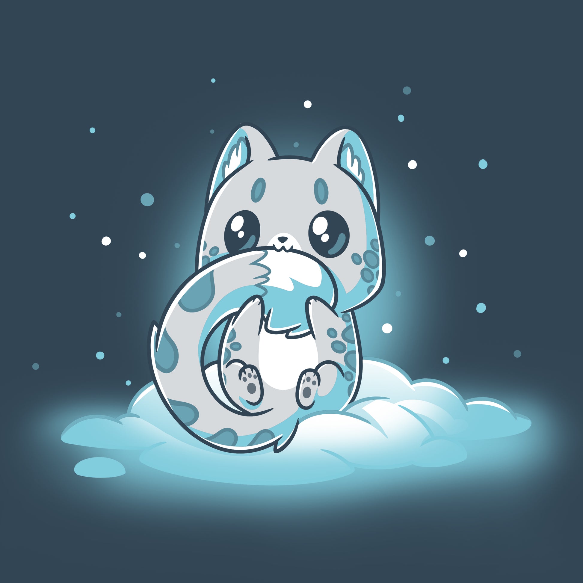 A Snuggly Snow Leopard sitting on top of a cloud wearing a denim blue t-shirt. (brand: TeeTurtle)