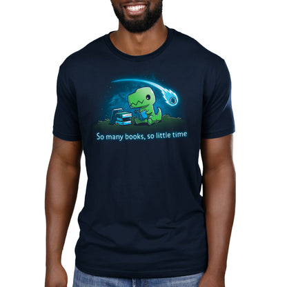 TeeTurtle Men's t-shirt with a reading list of "So Many Books, So Little Time (Dino)" books.