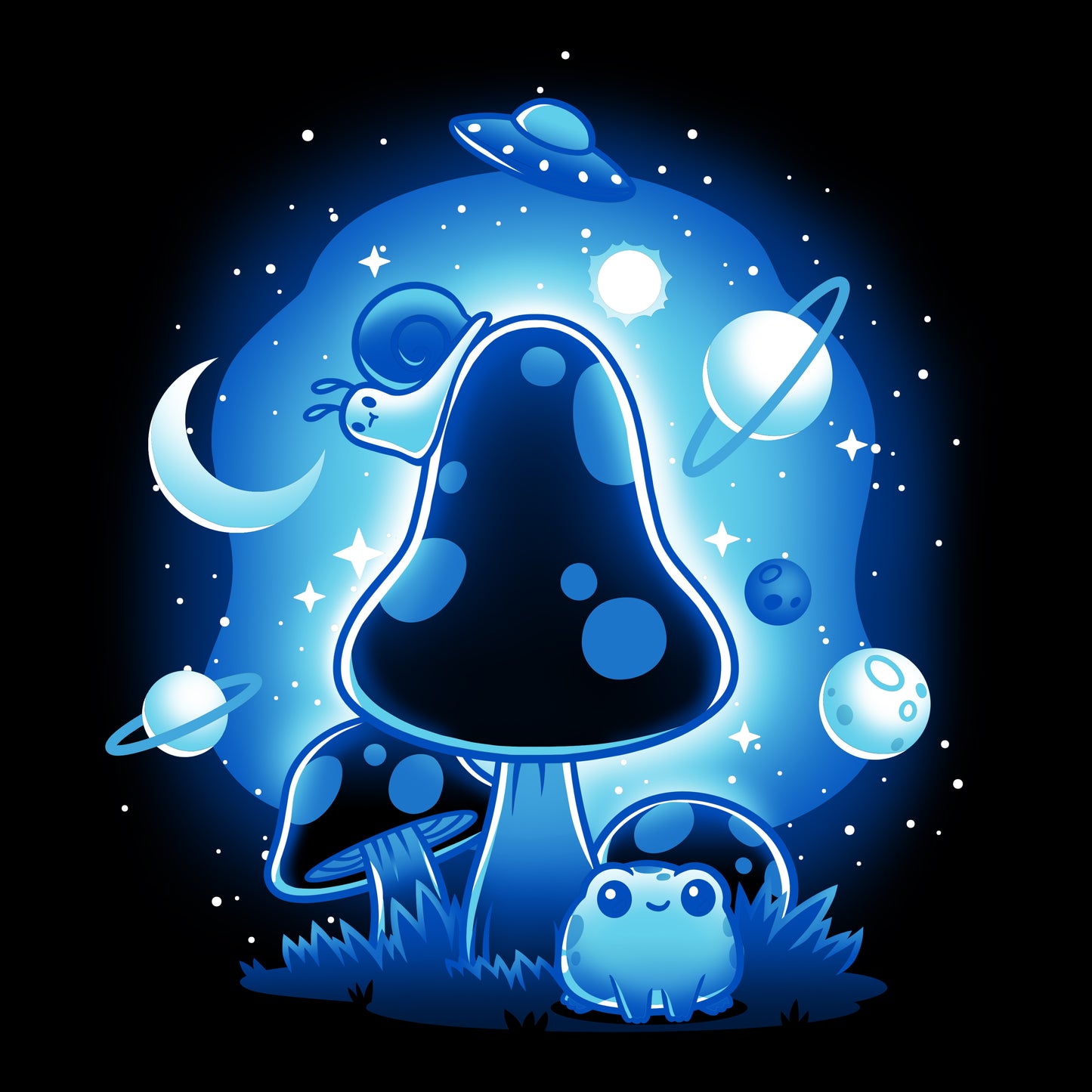 An image of So Mushroom in Space with a star in the background on a TeeTurtle black T-shirt.