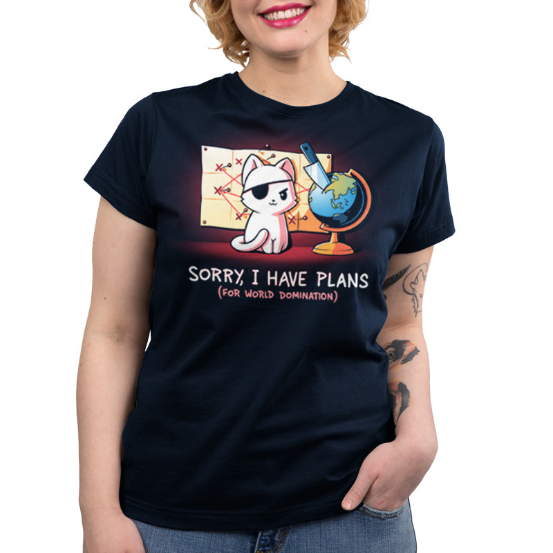 A woman wearing a Sorry, I Have Plans t-shirt with the word "plans" written on it.