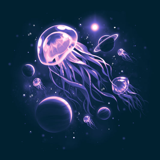 A mesmerizing image of TeeTurtle's Space Jellyfish gracefully floating amidst planets in the vast expanse of outer space. Perfect for T-shirts or as an attention-grabbing visual for SEO keywords related.