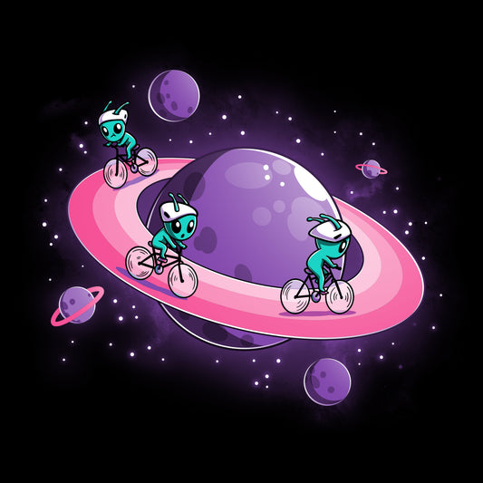 Alien characters riding unicycles around the Space Race rings of a vibrant, cartoon-style planet in space by TeeTurtle.