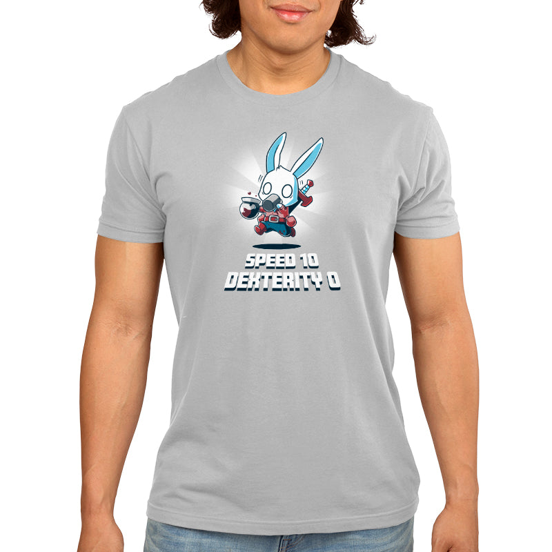 Premium Cotton T-shirt_Teeturtle Speed 10, Dexterity 0 silver gray t-shirt featuring a fantasy adventurer rabbit, their clothes stained with coffee running with jittery eyes while holding a coffee pot and drinking a mug of coffee with the words 'Speed 10 Dexterity 0.' written beneath the image.