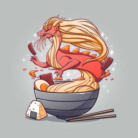 A Spicy Ramen Dragon slurps hot noodles with chopsticks, brought to you by TeeTurtle.