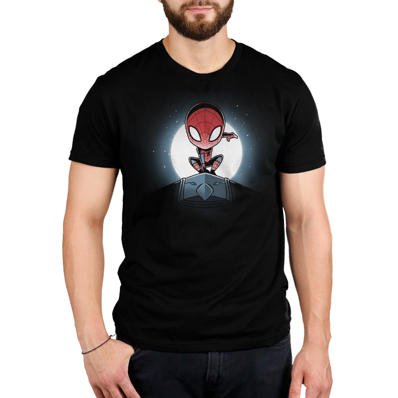 A Marvel-inspired Spider-Man Symbiote (Glow) T-shirt featuring Spider-Man sitting on the moon.