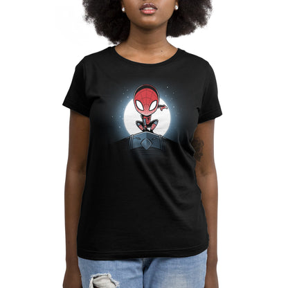 A women's black T-shirt with a Spider-Man Symbiote (Glow) on the moon by Marvel.