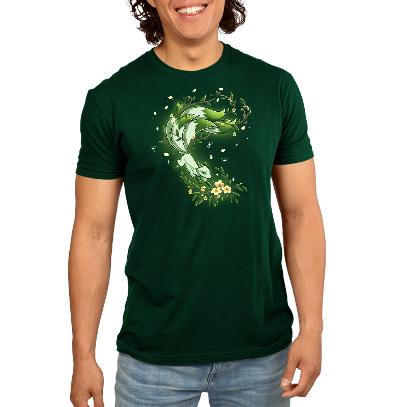Premium Cotton T-shirt_TeeTurtle forest green Spirit of the Forest apparel featuring a kitsune fox in motion in shades of white and green, surrounded by flowers and leaves