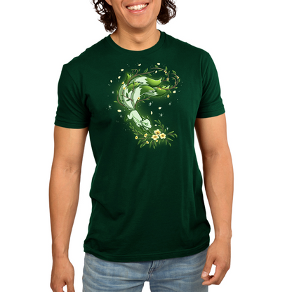 Premium Cotton T-shirt_TeeTurtle forest green Spirit of the Forest apparel featuring a kitsune fox in motion in shades of white and green, surrounded by flowers and leaves