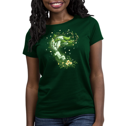 Premium Cotton T-shirt_TeeTurtle forest green Spirit of the Forest apparel featuring a kitsune fox in motion in shades of white and green, surrounded by flowers and leaves
