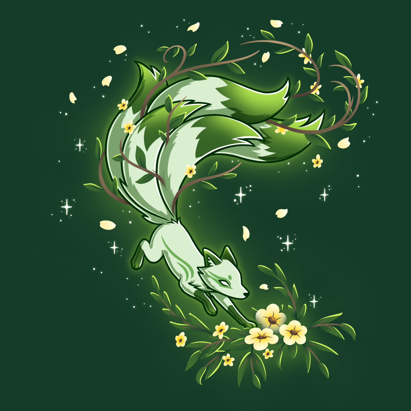 Premium Cotton T-shirt_TeeTurtle forest green Spirit of the Forest apparel featuring a kitsune fox in motion in shades of white and green, surrounded by flowers and leaves