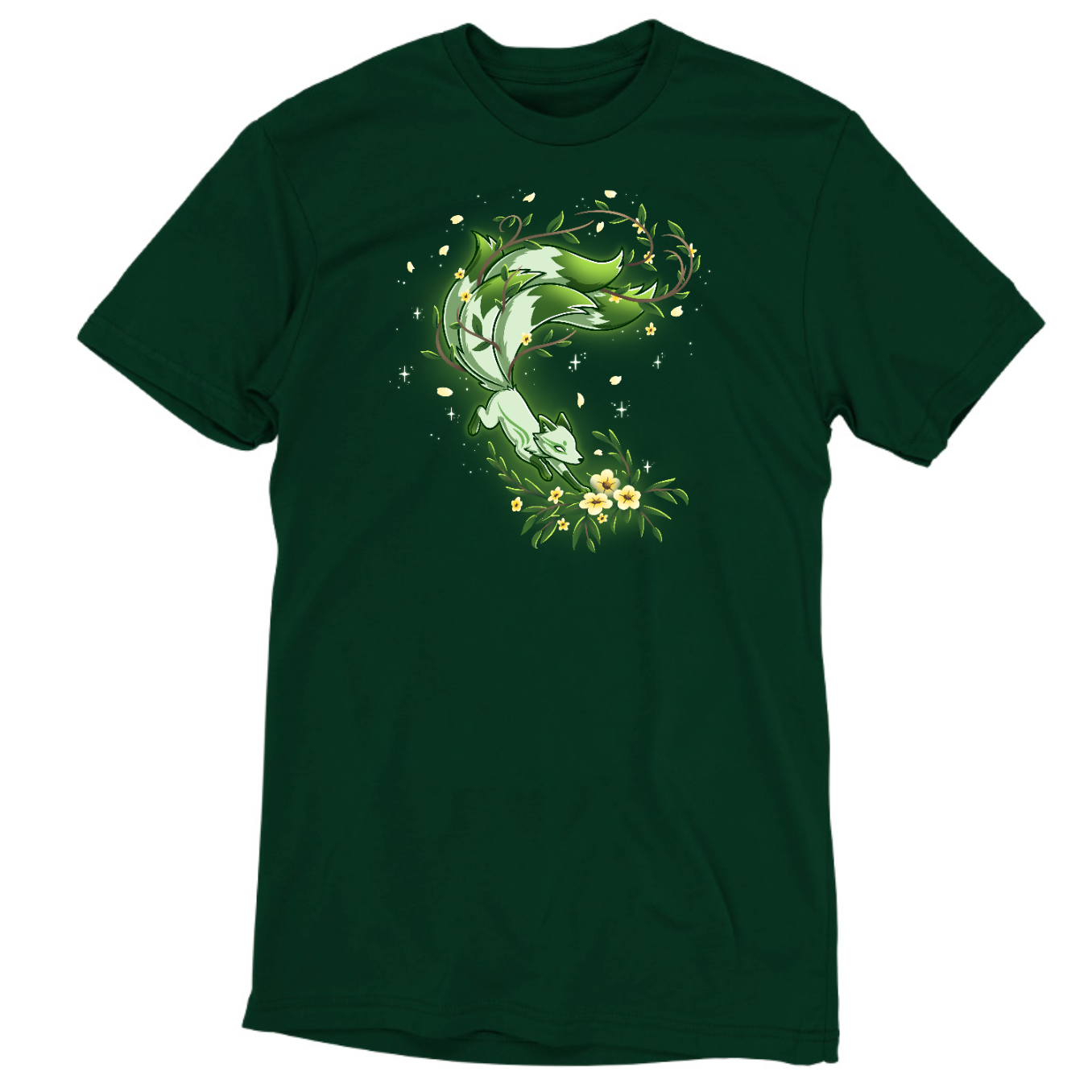 Premium Cotton T-shirt_TeeTurtle forest green Spirit of the Forest apparel featuring a kitsune fox in motion in shades of white and green, surrounded by flowers and leaves