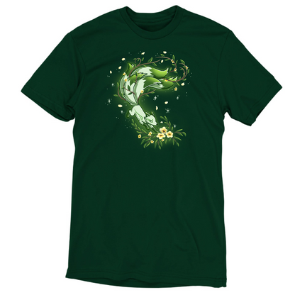 Premium Cotton T-shirt_TeeTurtle forest green Spirit of the Forest apparel featuring a kitsune fox in motion in shades of white and green, surrounded by flowers and leaves