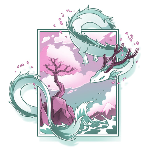 An illustrated scene featuring a serpentine dragon with antlers, hovering over a rocky landscape with a blossoming sakura tree, waves, and clouds in pastel colors. Perfectly captured on our Spring Blossom Dragon by monsterdigital, made from super soft ringspun cotton for ultimate comfort.