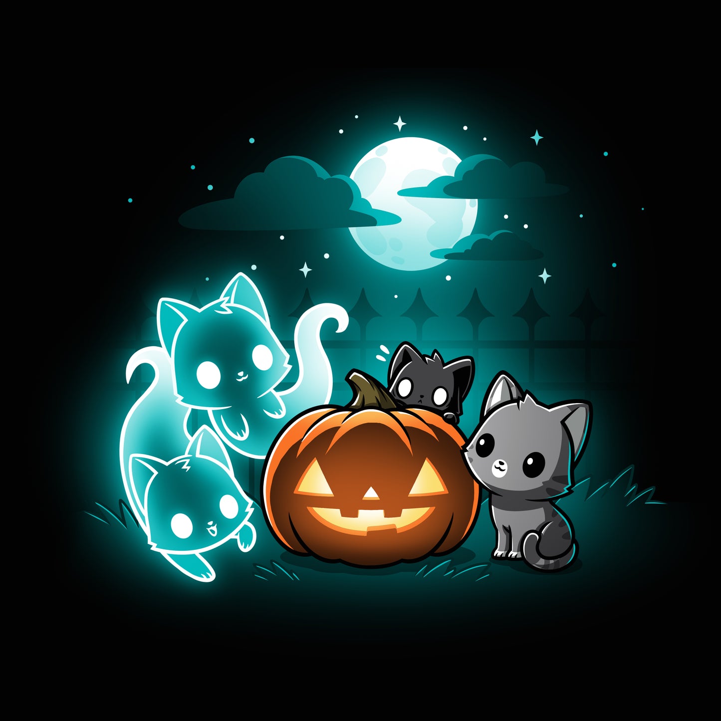 A Spurrits of Halloween t-shirt featuring a Halloween cat and a jack-o-lantern, by TeeTurtle.