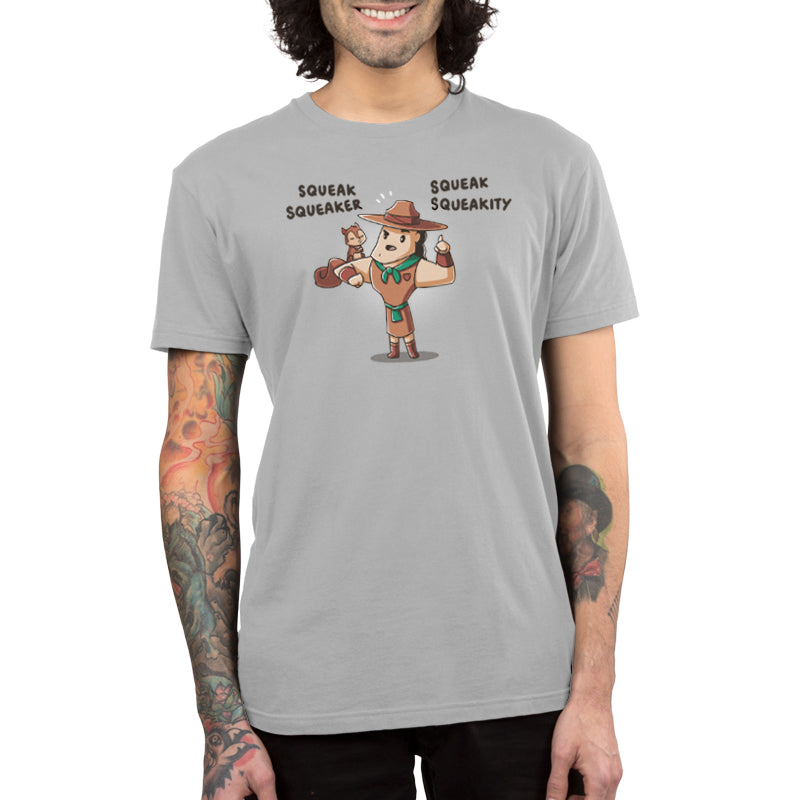 A man wearing a gray t-shirt with the words 'save the world' on it, featuring Squeak Squeakity the Squirrel by Disney.