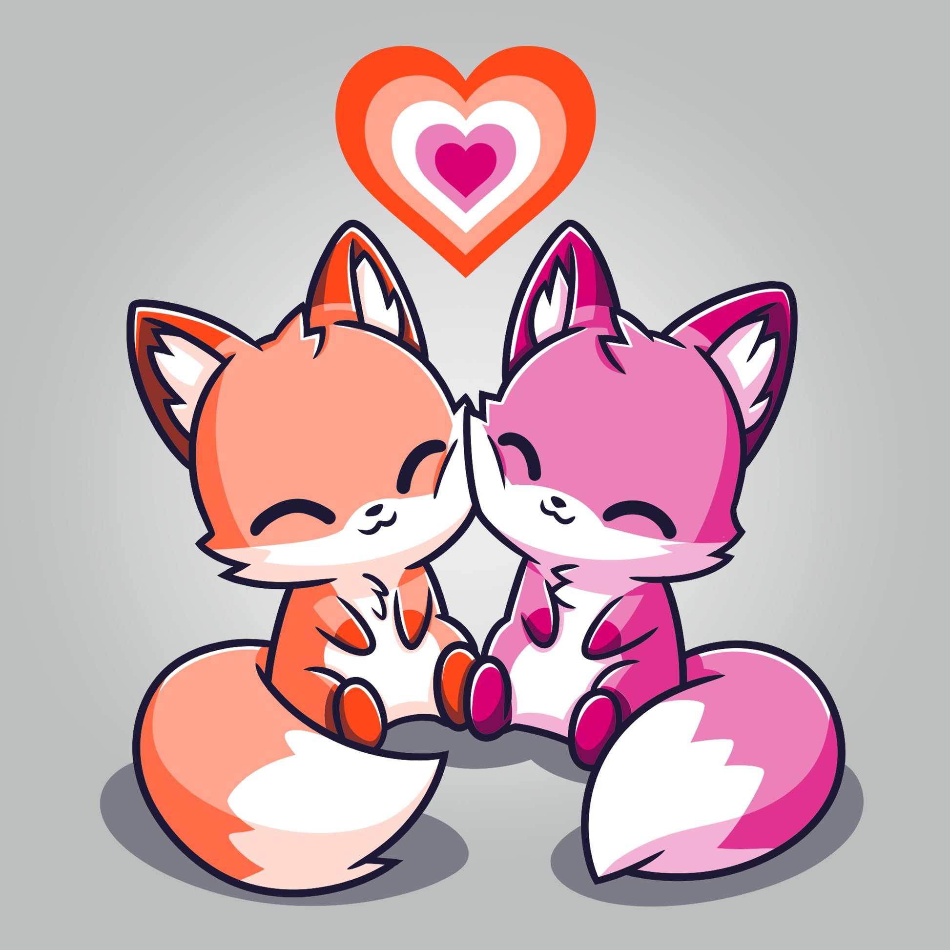 Two cute foxes sitting in front of a heart, expressing Love Out Loud by TeeTurtle.