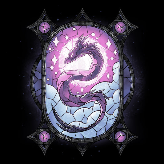 A purple Stained Glass Dragon depicted on a TeeTurtle ringspun cotton T-shirt, as intricate as a stained glass window.