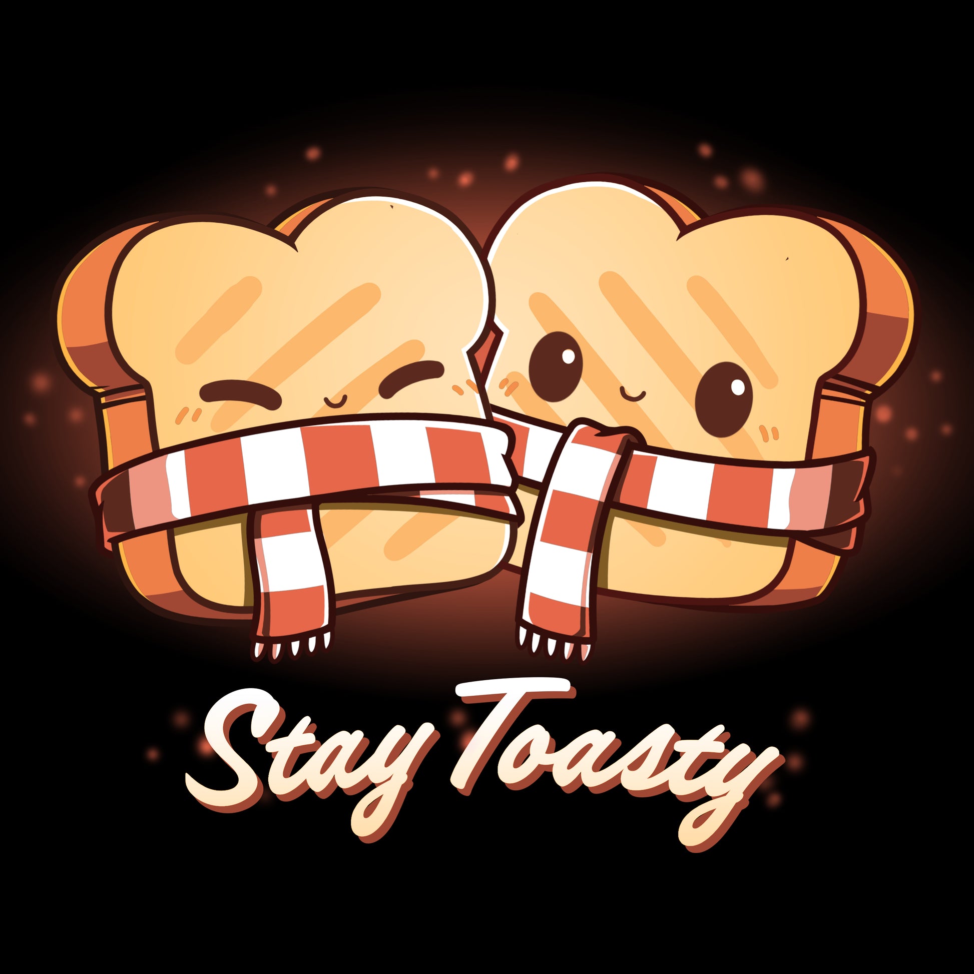 Two friends wearing black Stay Toasty t-shirts toast together with the words "stay toasty". (Brand: TeeTurtle)