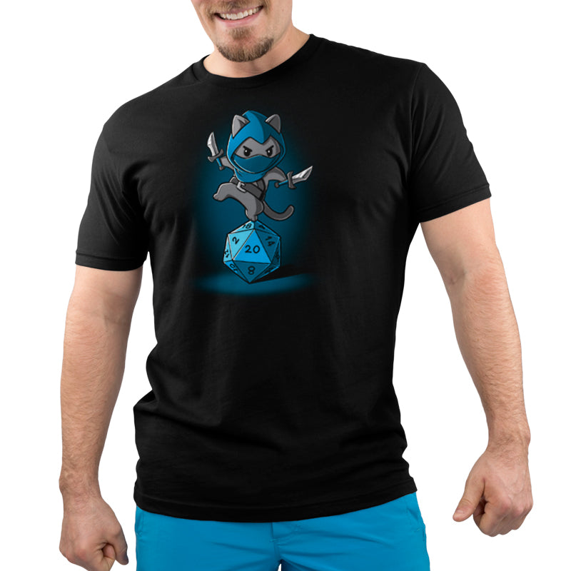 Premium Cotton T-shirt_TeeTurtle Stealth Check black t-shirt featuring a ninja cat holding two daggers, balancing on a large blue 20-sided die.