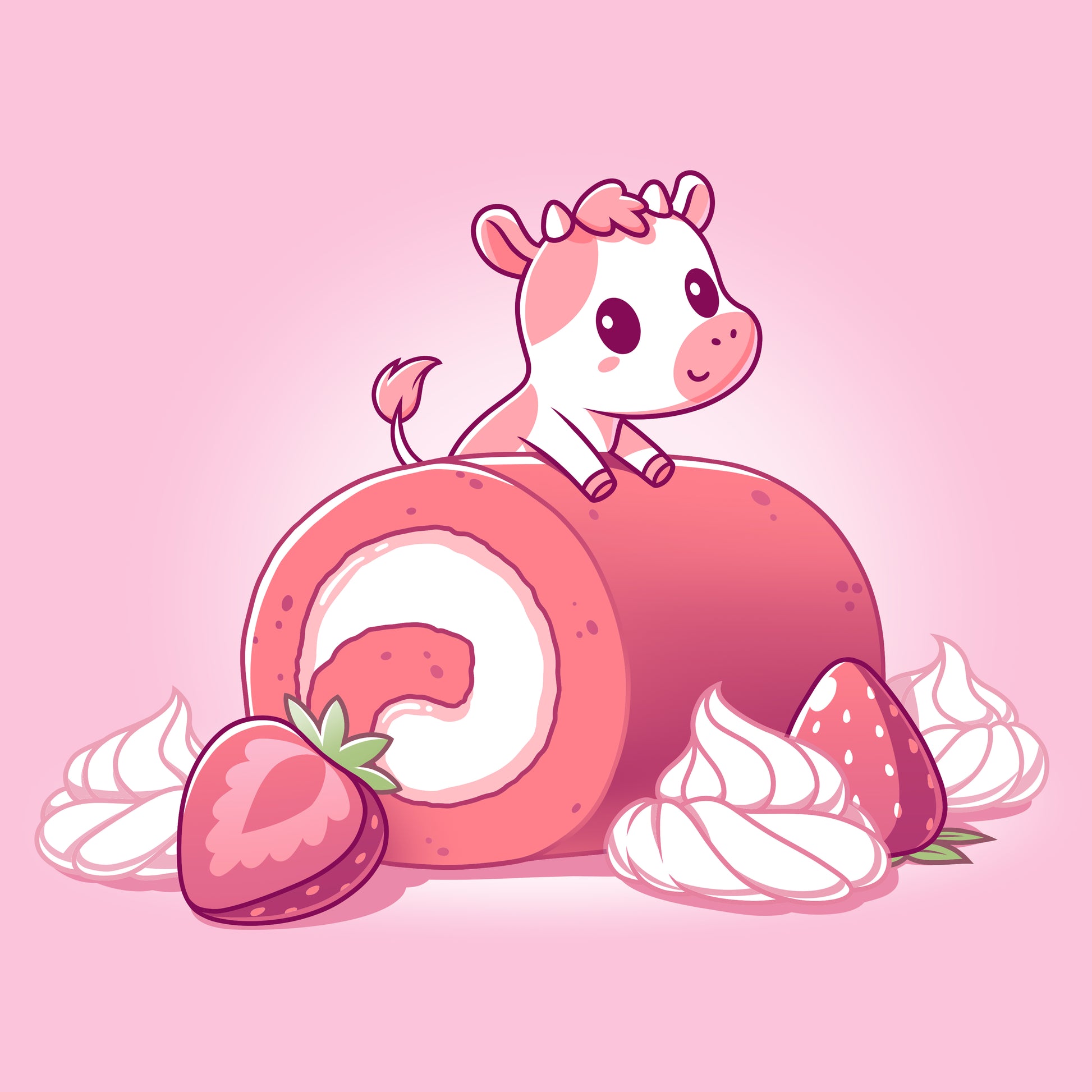 A TeeTurtle cartoon cow sitting on a Strawberry Roll Cow- shaped roll of whipped cream and strawberry swirls.