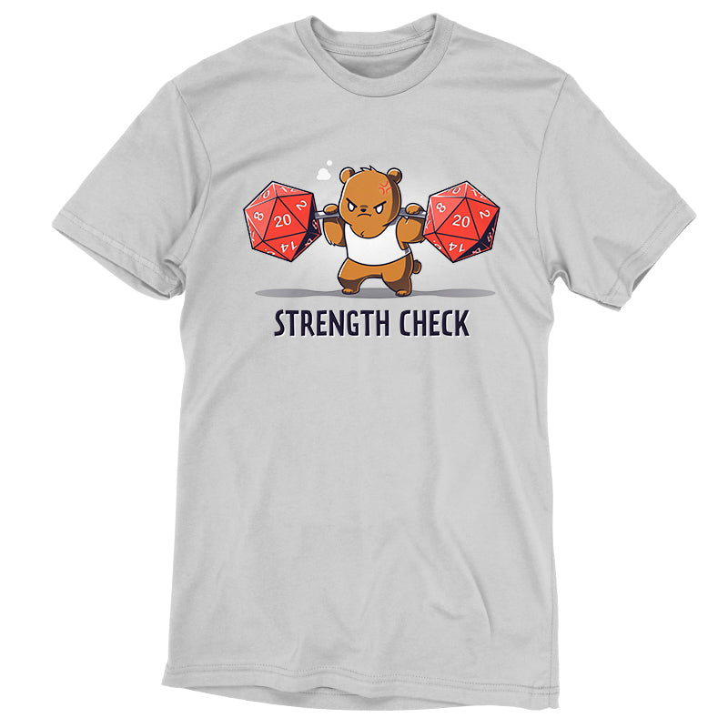 Premium Cotton T-shirt_TeeTurtle Strength Check silver gray t-shirt featuring a determined brown bear in a sleeveless workout shirt who lifts two large red 20-sided dice on a bar while straining, with "Strength Check" written below.