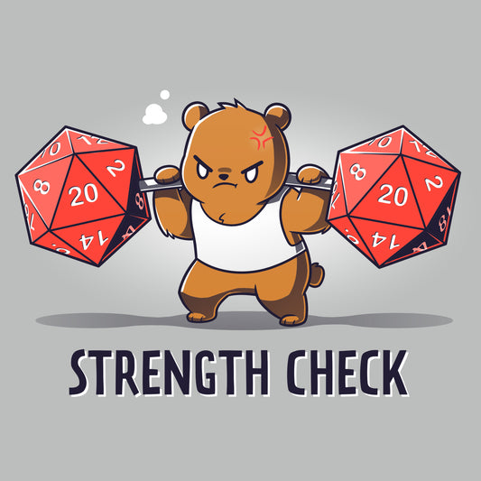 A determined cartoon bear in a sleeveless shirt lifts two large red 20-sided dice while frowning, with 