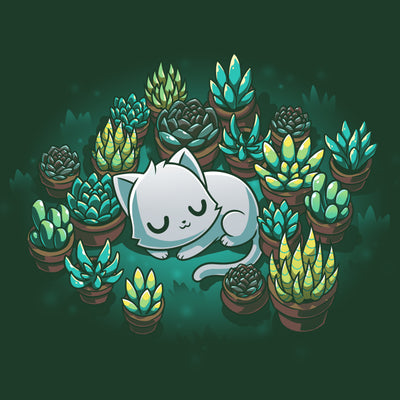 Premium Cotton T-shirt_TeeTurtle forest green Succulent Garden apparel featuring a white cat curled up sleeping, surrounded by various green and yellow succulent plants in pots.