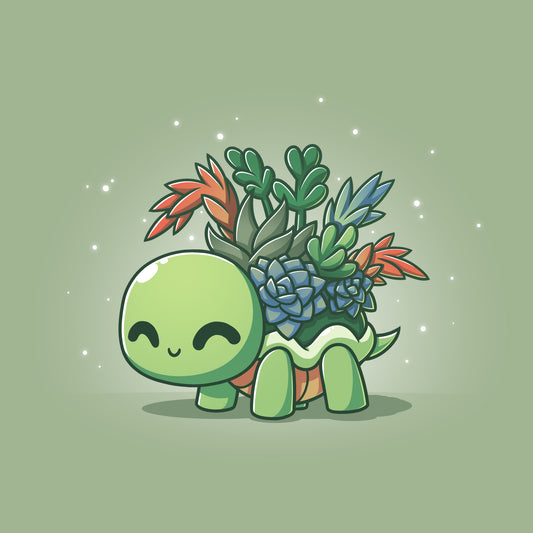 A cute little turtle with a bunch of TeeTurtle Succulent Shell plants on its back.