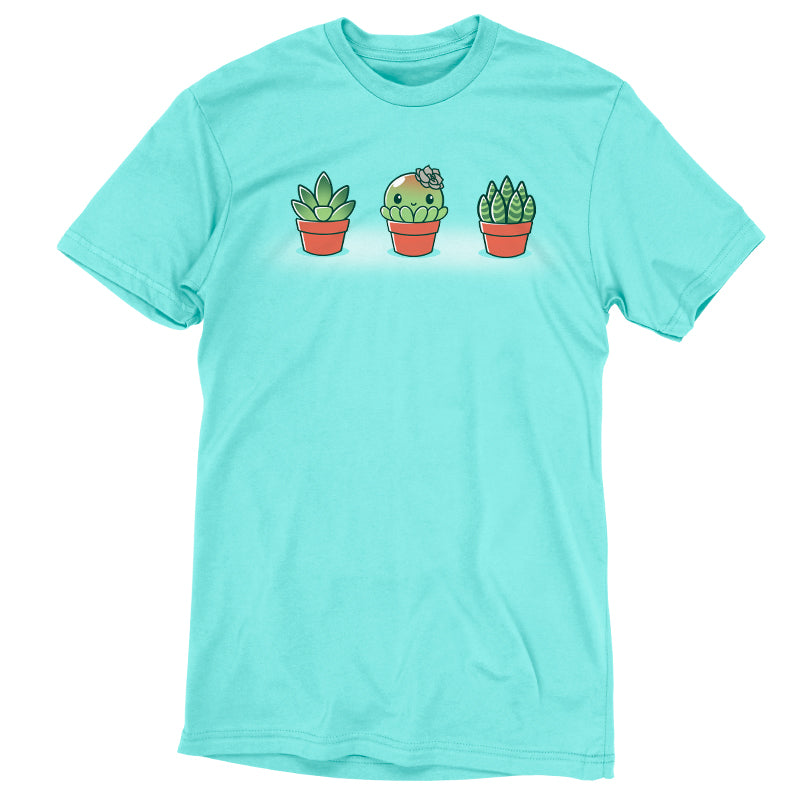 A Caribbean blue Succulent Surprise t-shirt with three potted succulent plants from TeeTurtle.