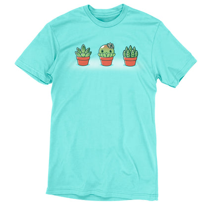 A Caribbean blue Succulent Surprise t-shirt with three potted succulent plants from TeeTurtle.