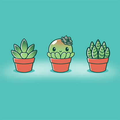 Three Succulent Surprise succulents in pots on a Caribbean blue background by TeeTurtle.