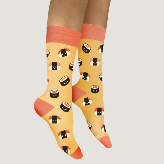 A pair of comfortable TeeTurtle Sushi Pattern Socks adorned with sushi designs.