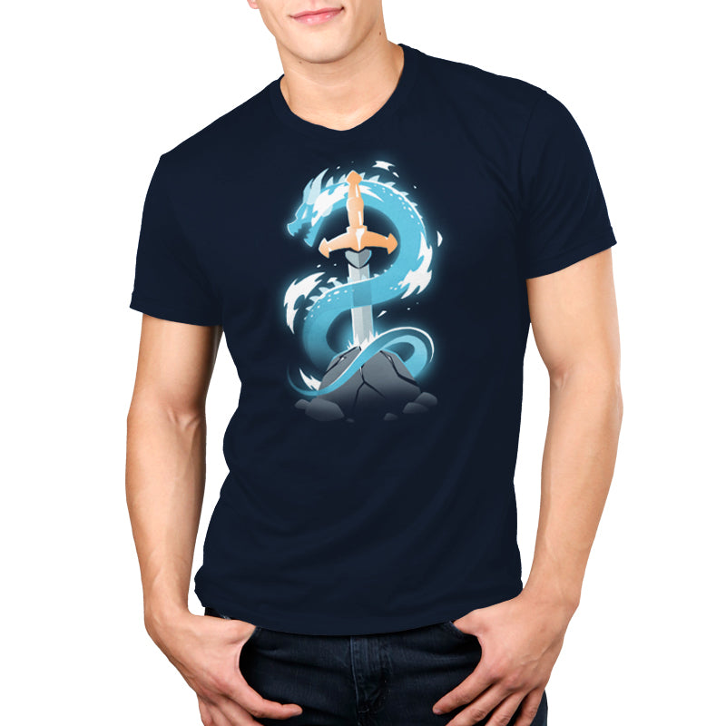 A man wearing a TeeTurtle blue tee with a Sword Dragon design.