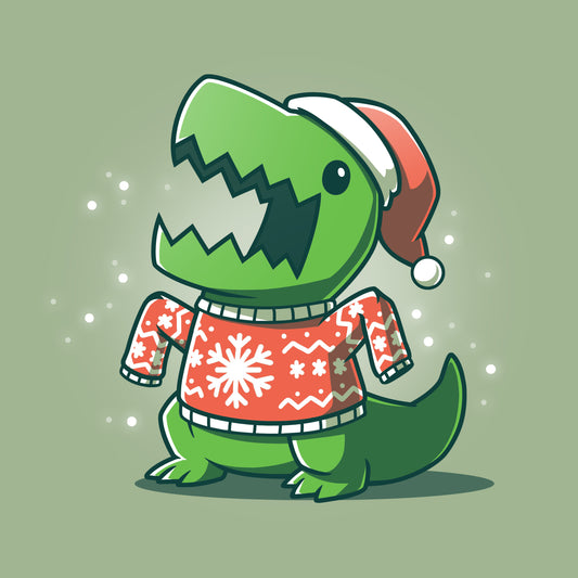 A TeeTurtle T-Rex Christmas Sweater donning a Santa hat on an Ugly Christmas Sweatersaurus.