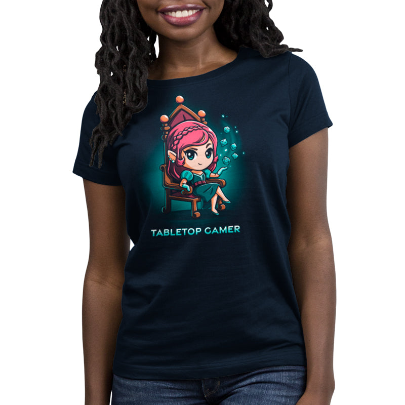 A navy blue women's t-shirt featuring an image of a girl sitting on a throne, perfect for TeeTurtle's Tabletop Gamer.