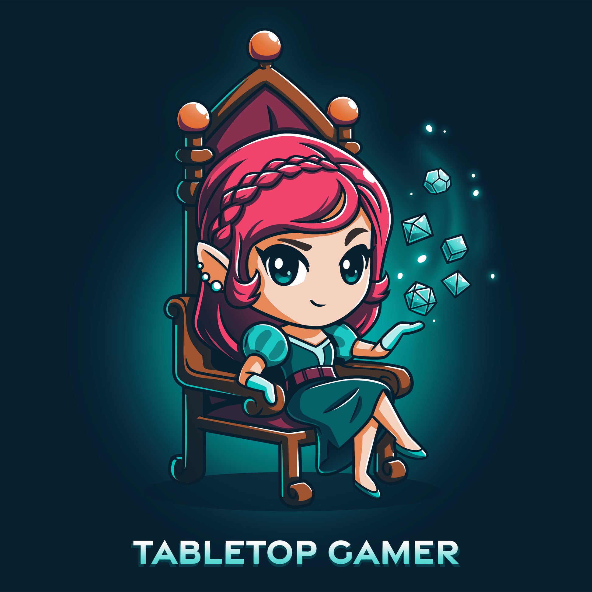A girl sitting on a navy blue throne wearing a TeeTurtle Tabletop Gamer t-shirt.