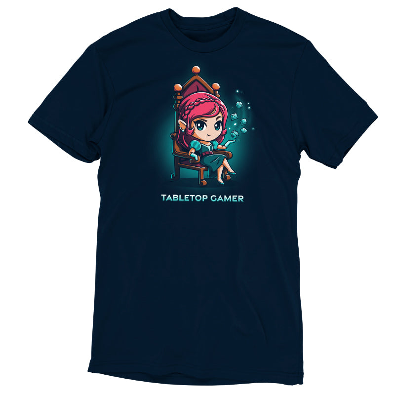 A TeeTurtle navy blue Tabletop Gamer t-shirt with an image of a girl sitting on a throne.