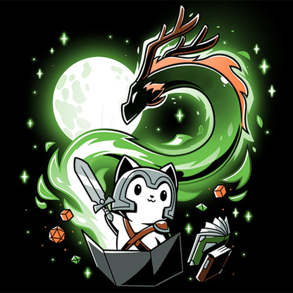 An adventurous cat brandishing a sword, depicted on a TeeTurtle t-shirt, featuring "A Tale of Adventure" by TeeTurtle.