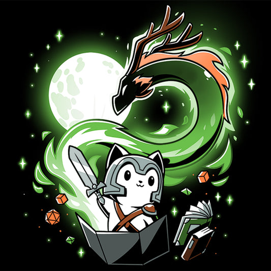 An adventurous cat brandishing a sword, depicted on a TeeTurtle t-shirt, featuring 