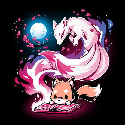 A fox and a cat wearing a TeeTurtle Tale of Tails sweatshirt reading a book.