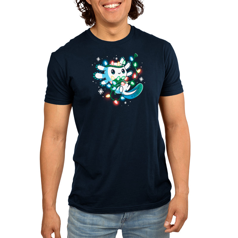 A man wearing a navy blue Tangled Up Axolotl t-shirt by TeeTurtle with a Christmas tree on it.