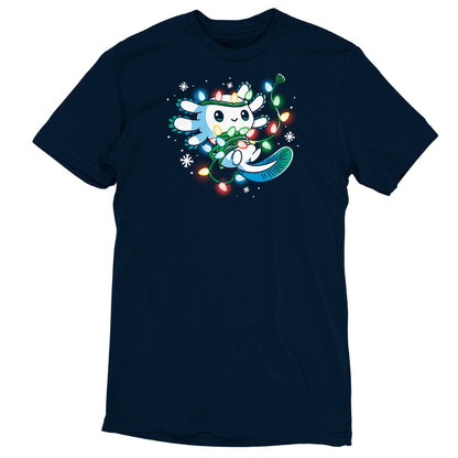 A navy blue Tangled Up Axolotl t-shirt from TeeTurtle, perfect for Christmas decorating enthusiasts.