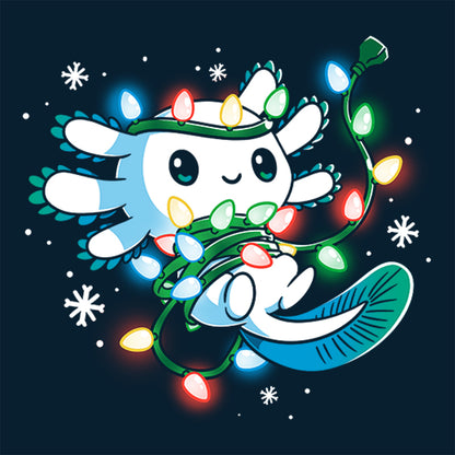 A TeeTurtle Tangled Up Axolotl navy blue t-shirt featuring a cuddly teddy bear holding colorful Christmas lights.