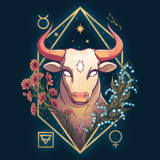 An illustration of a TeeTurtle Taurus Zodiac bull with flowers and astrological symbols on a navy blue t-shirt.