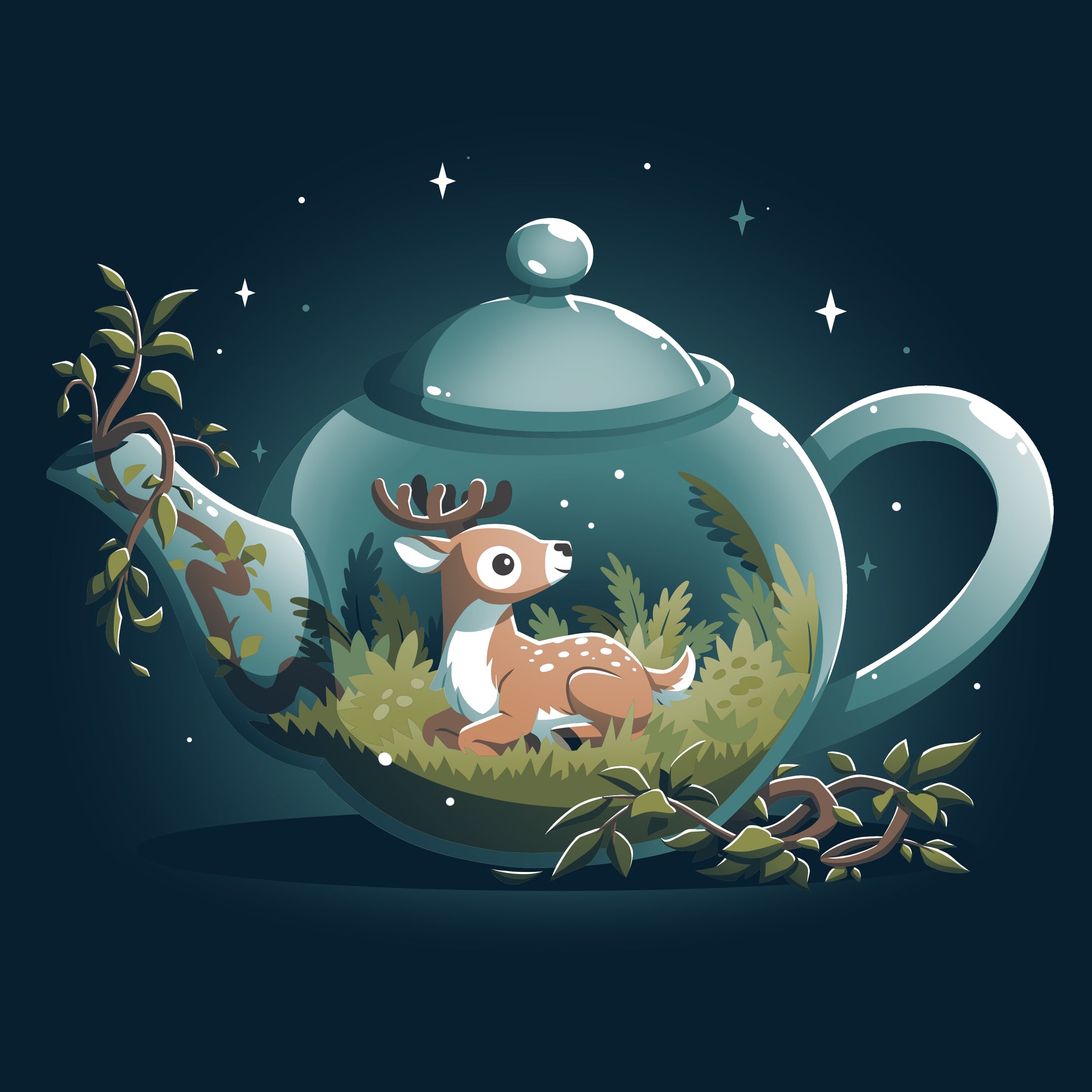 A peaceful illustration of a deer resting in the TeeTurtle Tea Pot Den, perfect for a t-shirt design.