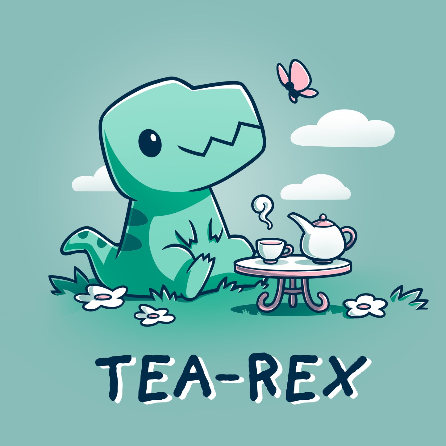 A Tea-Rex Time is sitting in the grass with a butterfly on a TeeTurtle men's T-shirt.
