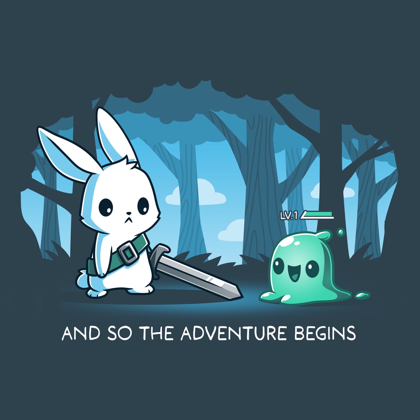 Premium Cotton T-shirt - A cartoon rabbit brandishing a sword faces a small green slime creature labeled 'LV.1' in a forest on this super soft ringspun cotton, denim blue apparel. The text below reads, "AND SO THE ADVENTURE BEGINS." This unisex tee, named **The Adventure Begins** from the brand **monsterdigital**, is perfect for anyone ready to embark on their own epic quest!